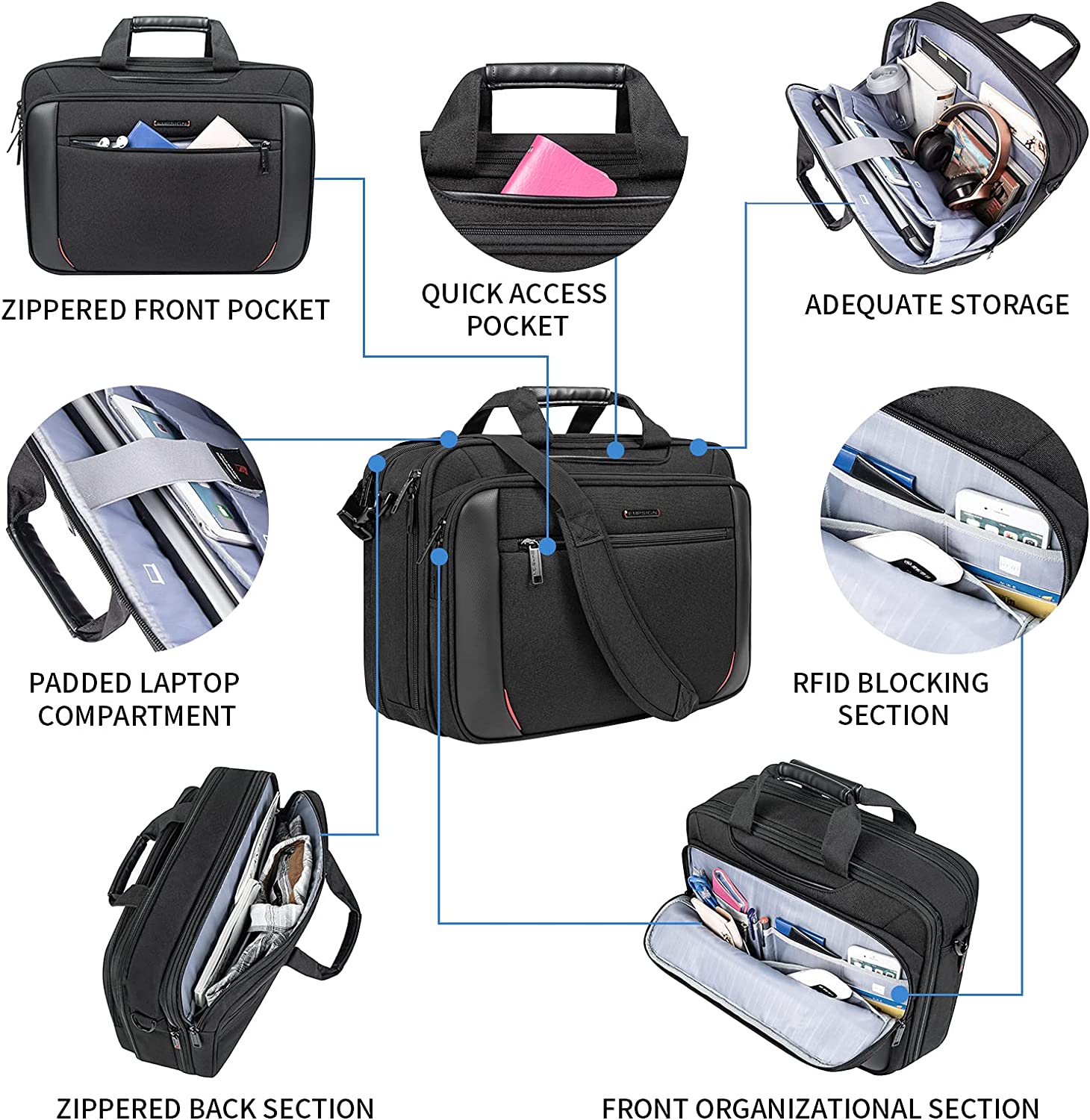 EMPSIGN Laptop Case Briefcase, 17.3 Inch Laptop Bag Expandable Messenger Bag for Men & Women Water Repellent, RFID Blocking Shoulder Bag Canvas Bag for Work, Business Commute Travel School-Black - Image 4